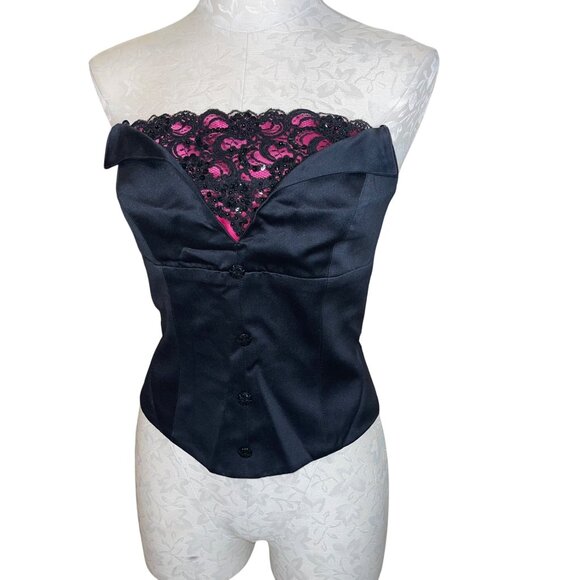 Veronique Young Vintage Womens Bustier Style Top Size M Black Pink Strapless - Picture 9 of 9